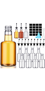 Dandat 32 oz Plastic Long Neck Bottles with Pourer and Caps Plastic Juice Pour Bottles with Stainless Steel Pourer Tapered Spout for Liquor Juice(Silver,4 Pcs)