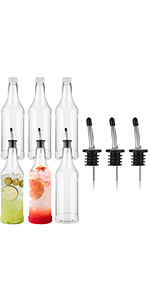 Dandat 32 oz Plastic Long Neck Bottles with Pourer and Caps Plastic Juice Pour Bottles with Stainless Steel Pourer Tapered Spout for Liquor Juice(Silver,4 Pcs)
