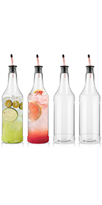 Dandat 32 oz Plastic Long Neck Bottles with Pourer and Caps Plastic Juice Pour Bottles with Stainless Steel Pourer Tapered Spout for Liquor Juice(Silver,4 Pcs)