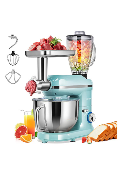 VIVOHOME 6-in-1 Stand Mixer, 8.5 Quart Electric Tilt-Head Kitchen Mixer with Bowl, Multifunctional Food Mixer for Cake, Bread, and Dough, with Meat Grinder, Blender, Pasta Maker Attachments, Blue