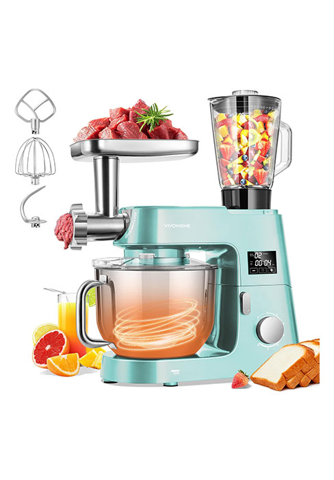VIVOHOME 6-in-1 Stand Mixer, 8.5 Quart Electric Tilt-Head Kitchen Mixer with Bowl, Multifunctional Food Mixer for Cake, Bread, and Dough, with Meat Grinder, Blender, Pasta Maker Attachments, Blue