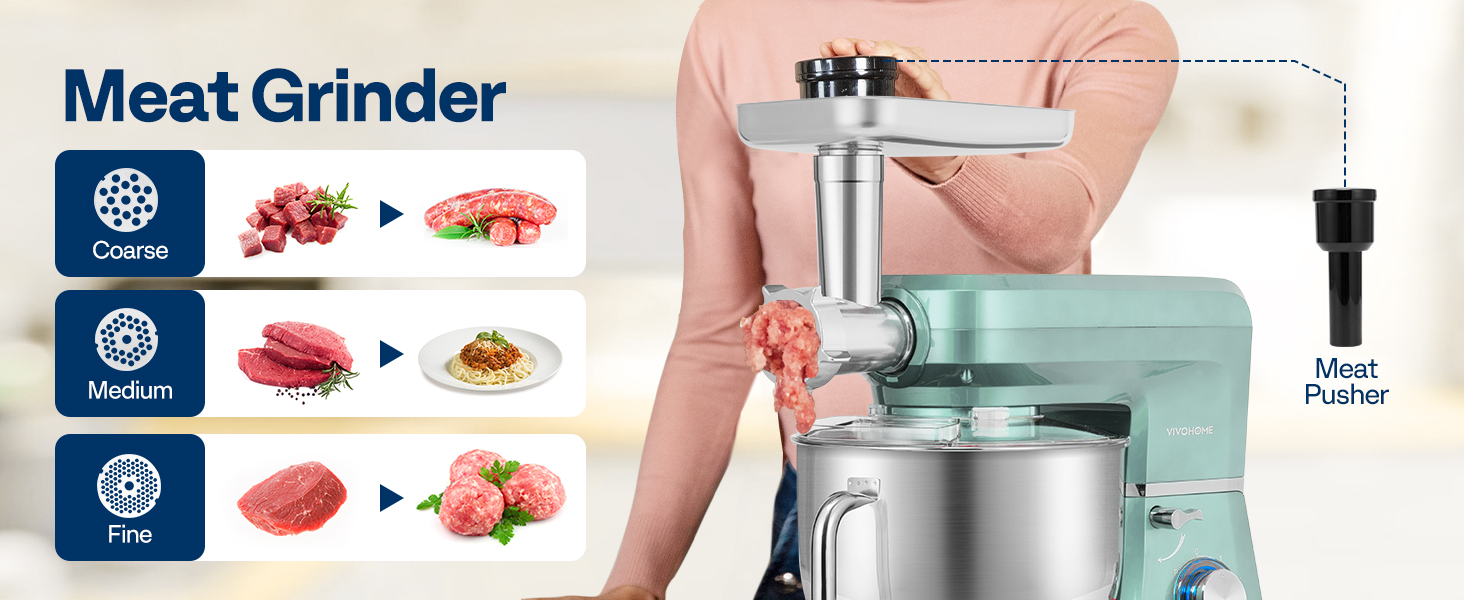 VIVOHOME 6-in-1 Stand Mixer, 8.5 Quart Electric Tilt-Head Kitchen Mixer with Bowl, Multifunctional Food Mixer for Cake, Bread, and Dough, with Meat Grinder, Blender, Pasta Maker Attachments, Blue