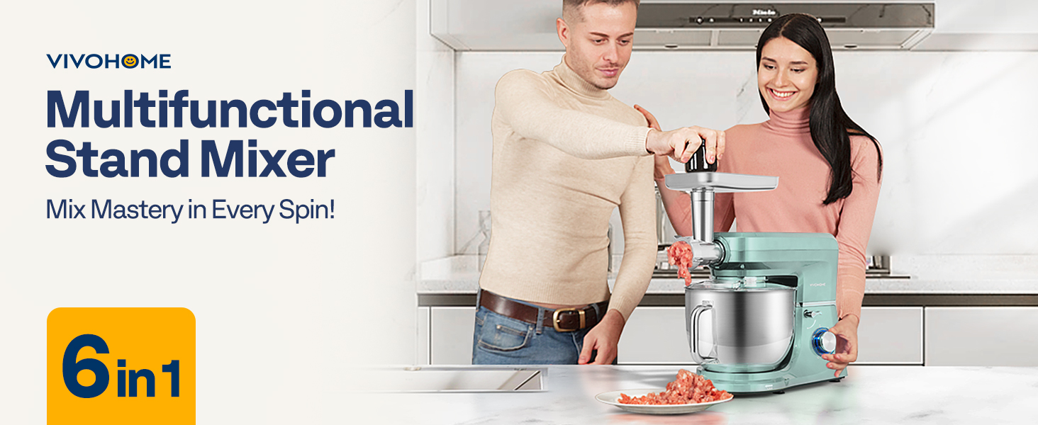 VIVOHOME 6-in-1 Stand Mixer, 8.5 Quart Electric Tilt-Head Kitchen Mixer with Bowl, Multifunctional Food Mixer for Cake, Bread, and Dough, with Meat Grinder, Blender, Pasta Maker Attachments, Blue