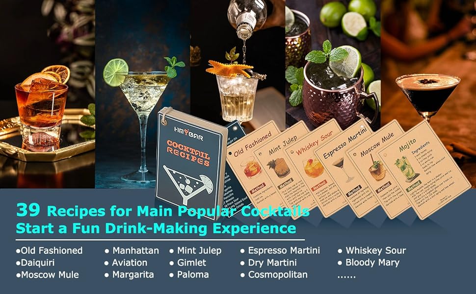 HMYBAR® 22-pc Cocktail Shaker Set(24oz/700ml) | Mixology Bartender Kit | Bar Tool Set | Martini Making Set with 39-Recipe Cocktail Cards & Kit's Deco, Bamboo Stand Black Color, Silver Tools