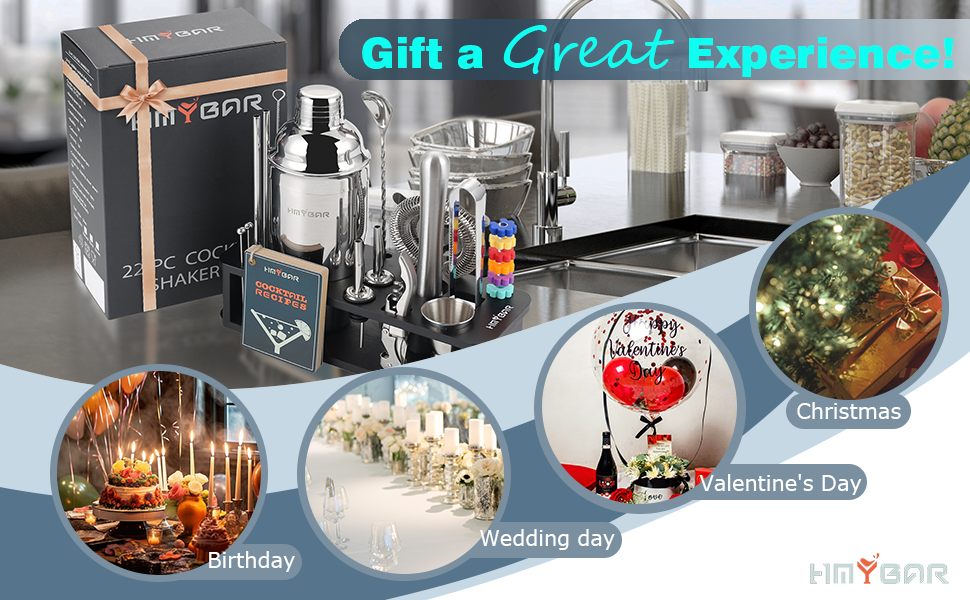 HMYBAR® 22-pc Cocktail Shaker Set(24oz/700ml) | Mixology Bartender Kit | Bar Tool Set | Martini Making Set with 39-Recipe Cocktail Cards & Kit's Deco, Bamboo Stand Black Color, Silver Tools