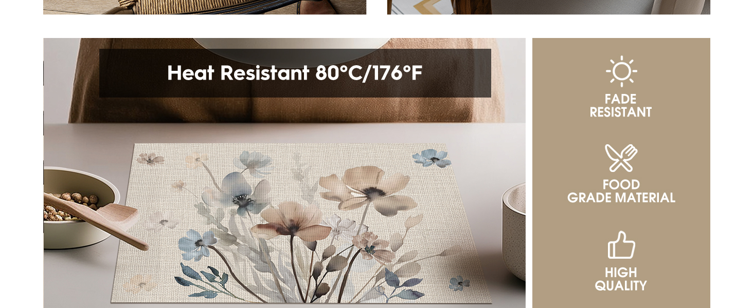 Artoid Mode Brown Poppy Floral Vinyl Plastic Placemats Set of 4, Washable Non-Slip PVC Table Mats for Party Kitchen Dining Decor, 12x18 Inch