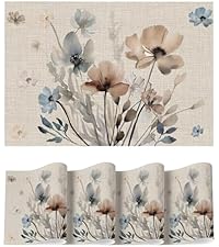 Artoid Mode Brown Poppy Floral Vinyl Plastic Placemats Set of 4, Washable Non-Slip PVC Table Mats for Party Kitchen Dining Decor, 12x18 Inch