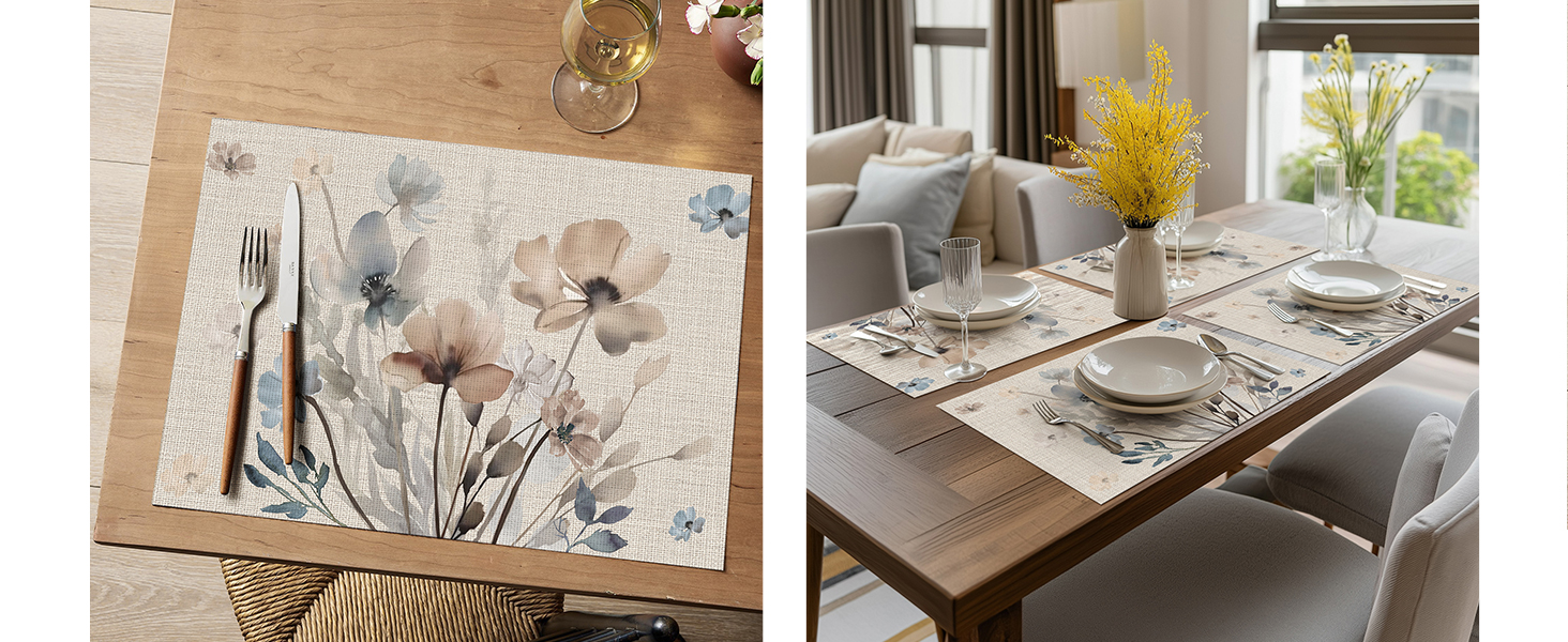 Artoid Mode Brown Poppy Floral Vinyl Plastic Placemats Set of 4, Washable Non-Slip PVC Table Mats for Party Kitchen Dining Decor, 12x18 Inch