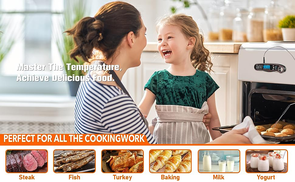 New 2-in-1 Instant Read Meat Thermometer for Cooking, Fast & Precise Digital Food Thermometer with Backlight, Magnet, Waterproof and Dual Foldable Probe for Kitchen Oven, Deep Fry, BBQ, Grill (Black)