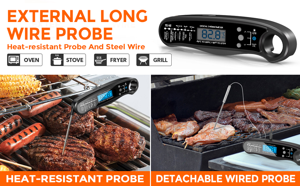 New 2-in-1 Instant Read Meat Thermometer for Cooking, Fast & Precise Digital Food Thermometer with Backlight, Magnet, Waterproof and Dual Foldable Probe for Kitchen Oven, Deep Fry, BBQ, Grill (Black)