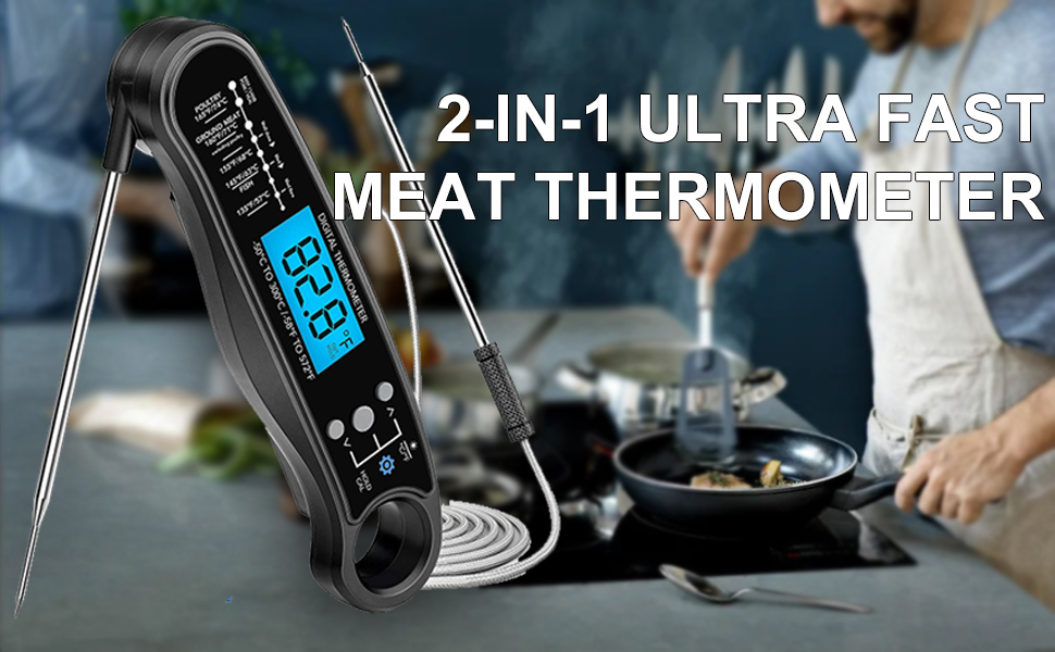 New 2-in-1 Instant Read Meat Thermometer for Cooking, Fast & Precise Digital Food Thermometer with Backlight, Magnet, Waterproof and Dual Foldable Probe for Kitchen Oven, Deep Fry, BBQ, Grill (Black)