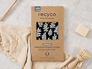 RECYCO Swedish Dishcloths for Kitchen | 4 Pack Oversized Washable Dish Rags | Large Cellulose Reusable Cleaning Paper Towels | Absorbent Counter Dish Cloth Sponge XL Kitchen Wipes, 12