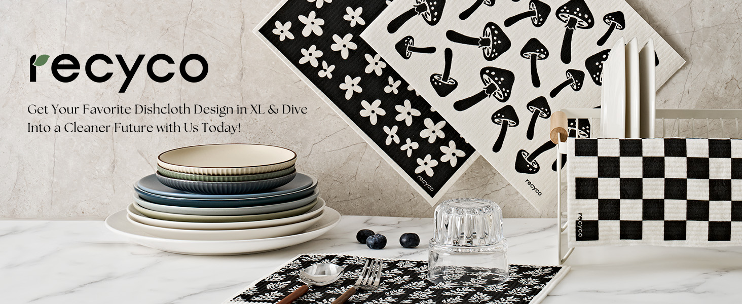 RECYCO Swedish Dishcloths for Kitchen | 4 Pack Oversized Washable Dish Rags | Large Cellulose Reusable Cleaning Paper Towels | Absorbent Counter Dish Cloth Sponge XL Kitchen Wipes, 12