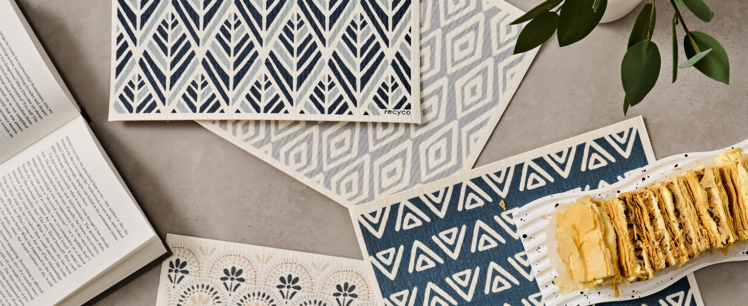 RECYCO Swedish Dishcloths for Kitchen | 4 Pack Oversized Washable Dish Rags | Large Cellulose Reusable Cleaning Paper Towels | Absorbent Counter Dish Cloth Sponge XL Kitchen Wipes, 12