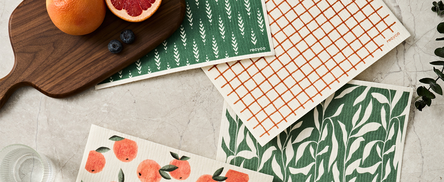 RECYCO Swedish Dishcloths for Kitchen | 4 Pack Oversized Washable Dish Rags | Large Cellulose Reusable Cleaning Paper Towels | Absorbent Counter Dish Cloth Sponge XL Kitchen Wipes, 12