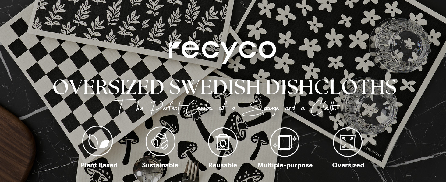 RECYCO Swedish Dishcloths for Kitchen | 4 Pack Oversized Washable Dish Rags | Large Cellulose Reusable Cleaning Paper Towels | Absorbent Counter Dish Cloth Sponge XL Kitchen Wipes, 12