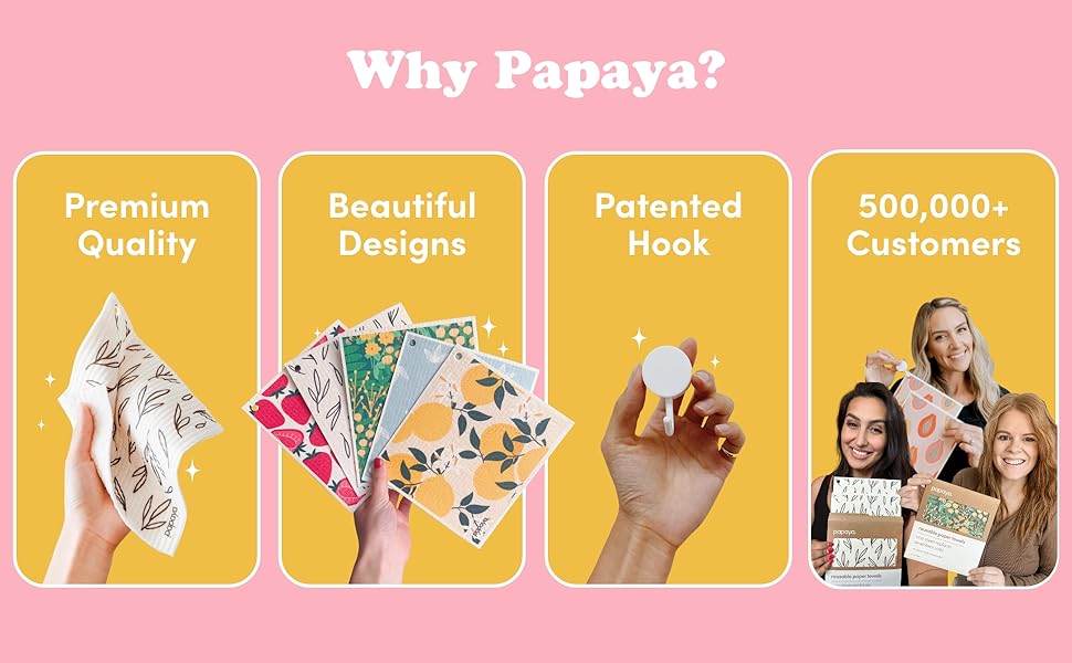 Papaya Reusable Paper Towels, Premium Swedish Dishcloths with Hook, Non-Scratch Reusable Paper Towel, 1 Sheet Replaces 17 Rolls - 2 Sheets, 1 Hook