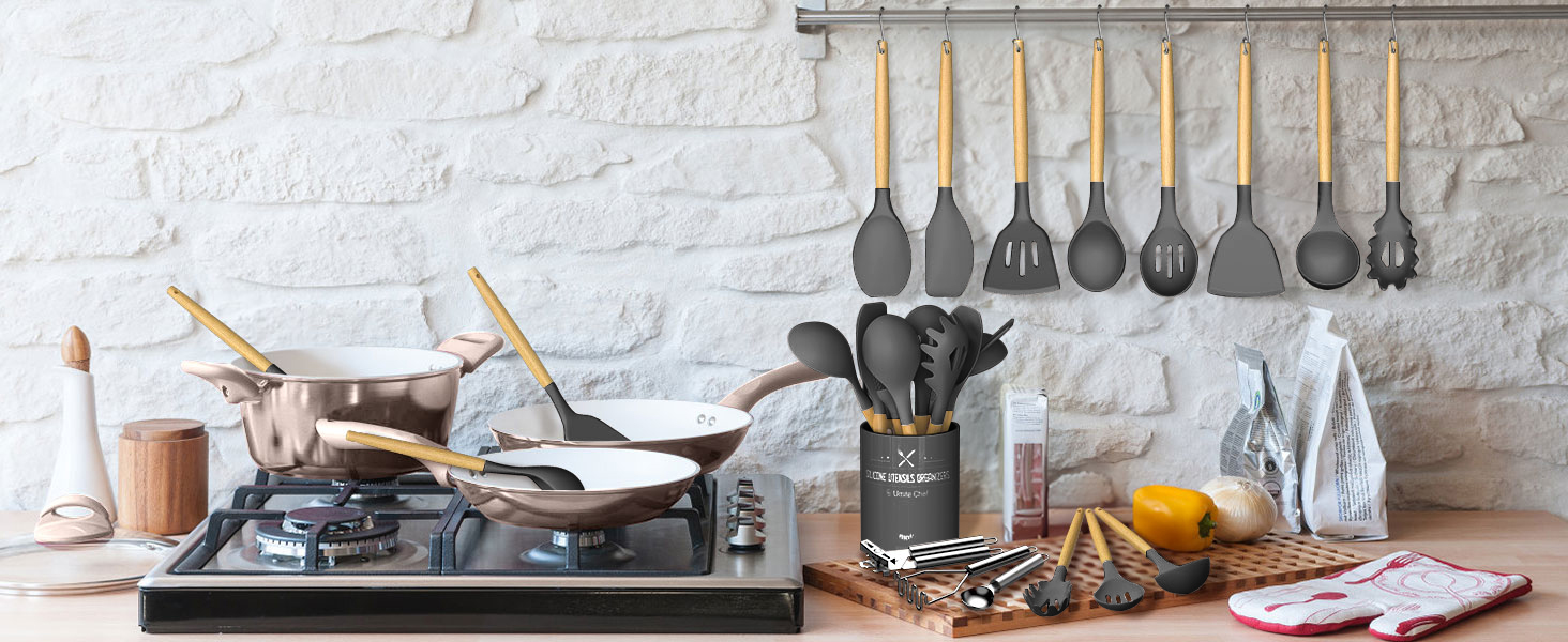 Umite Chef Silicone Kitchen Utensil Set, 34PCS Heat Resistant Kitchen Gadgets and Tools With Grater, Wood Handles for Nonstick Cookware (Dark Gray)