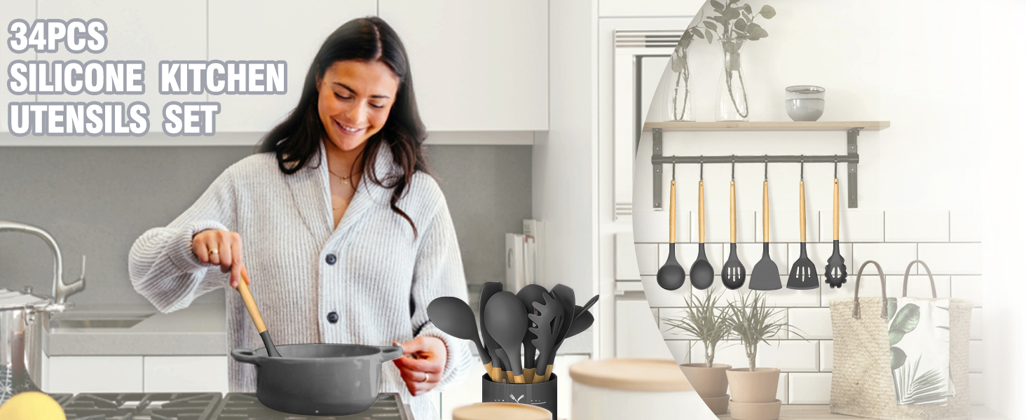 Umite Chef Silicone Kitchen Utensil Set, 34PCS Heat Resistant Kitchen Gadgets and Tools With Grater, Wood Handles for Nonstick Cookware (Dark Gray)