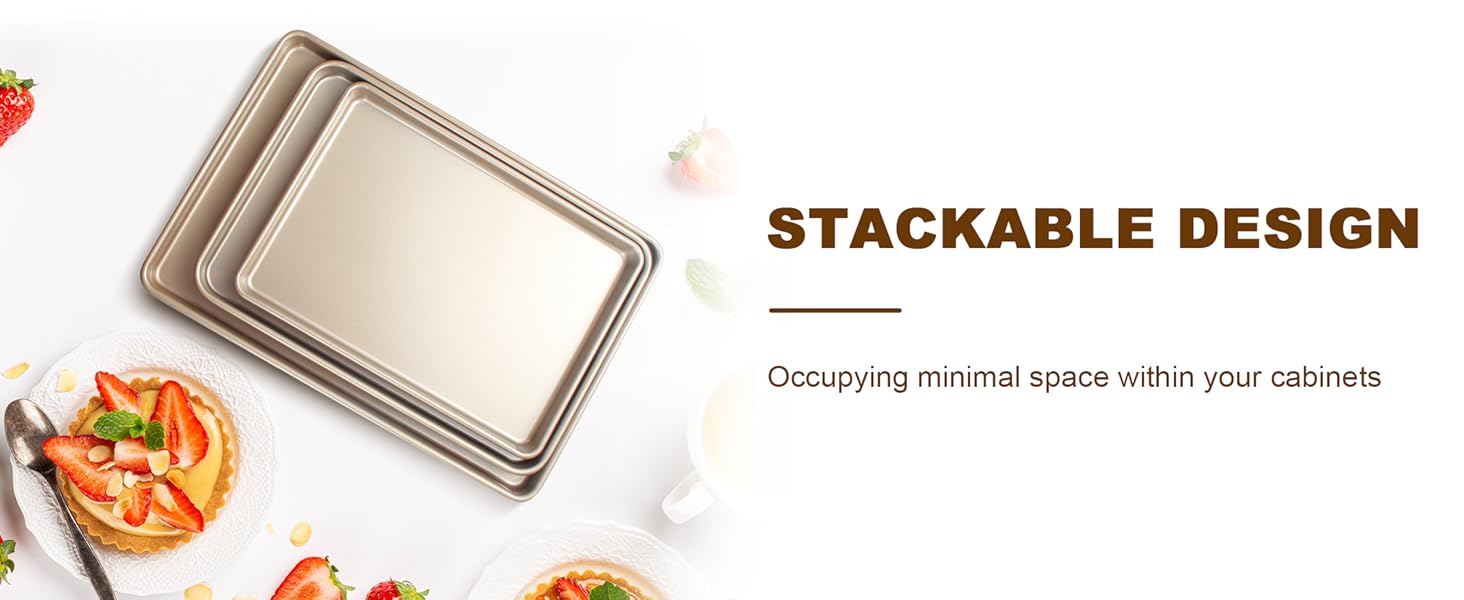 Baking Sheet Pan Set of 3, Commercial Cookie Sheets for Baking, Nonstick Half/Quarter/Jelly Roll Pans Replacement Toaster Oven Tray, Heavy Duty & Easy Clean, Champagne Gold