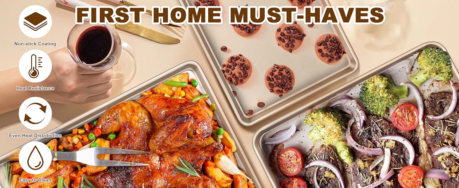 Baking Sheet Pan Set of 3, Commercial Cookie Sheets for Baking, Nonstick Half/Quarter/Jelly Roll Pans Replacement Toaster Oven Tray, Heavy Duty & Easy Clean, Champagne Gold