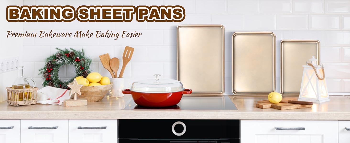 Baking Sheet Pan Set of 3, Commercial Cookie Sheets for Baking, Nonstick Half/Quarter/Jelly Roll Pans Replacement Toaster Oven Tray, Heavy Duty & Easy Clean, Champagne Gold