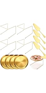 12 Pcs Pizza Stand Set: 4 Metal Stands, 4 Pizza Pans, 4 Spatulas for Weddings, Party(Gold,Round)