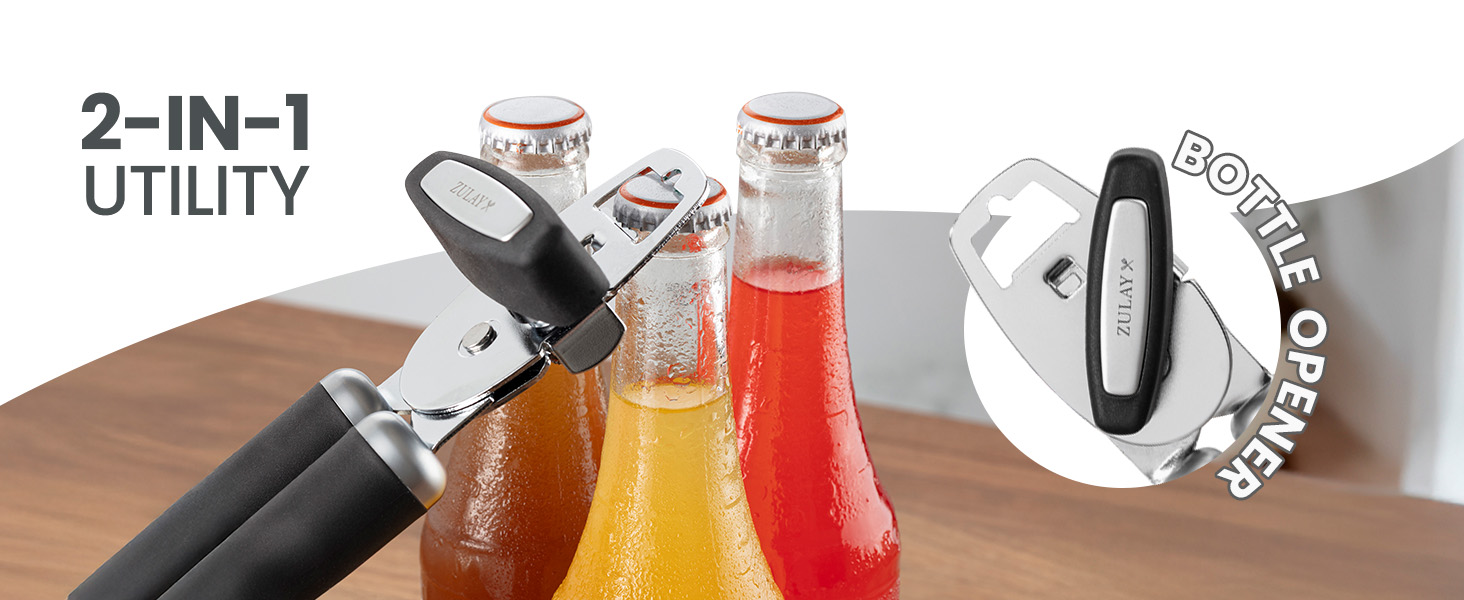 Zulay Kitchen Heavy Duty Stainless Steel Can Opener Manual with Bottle Opener - Rust Proof Manual Can Opener With Turn Knob & Comfy Soft Grip Handles - Royal Blue