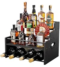 KLM Liquor Bottle Display Shelf, Coffee Syrup Rack Organizer, 3 Step Countertop Liquor Wine Rack, mini bar,liquor cabinet, Home Retro Bar Shelf Stand for Liquor Whiskey, Spirits