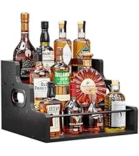 KLM Liquor Bottle Display Shelf, Coffee Syrup Rack Organizer, 3 Step Countertop Liquor Wine Rack, mini bar,liquor cabinet, Home Retro Bar Shelf Stand for Liquor Whiskey, Spirits