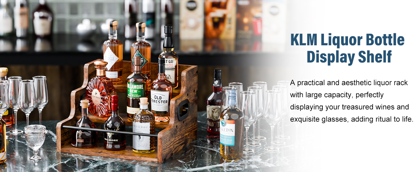 KLM Liquor Bottle Display Shelf, Coffee Syrup Rack Organizer, 3 Step Countertop Liquor Wine Rack, mini bar,liquor cabinet, Home Retro Bar Shelf Stand for Liquor Whiskey, Spirits