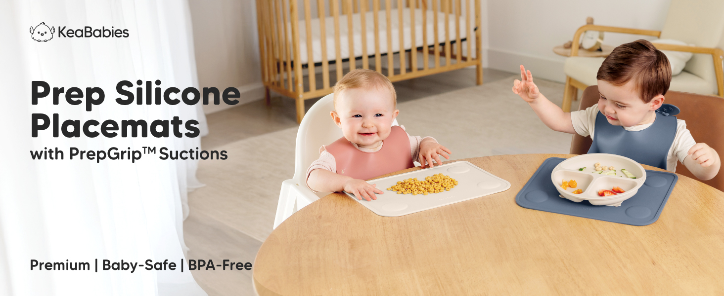 KeaBabies 2pk Silicone Placemats for Toddlers, Kids - 12x9 Non Slip Suction Baby Silicone Placemat for Restaurants, Dining Table,Travel, Easy to Clean, Food Grade/BPA-Free,Small Baby Table Mat(Slate)