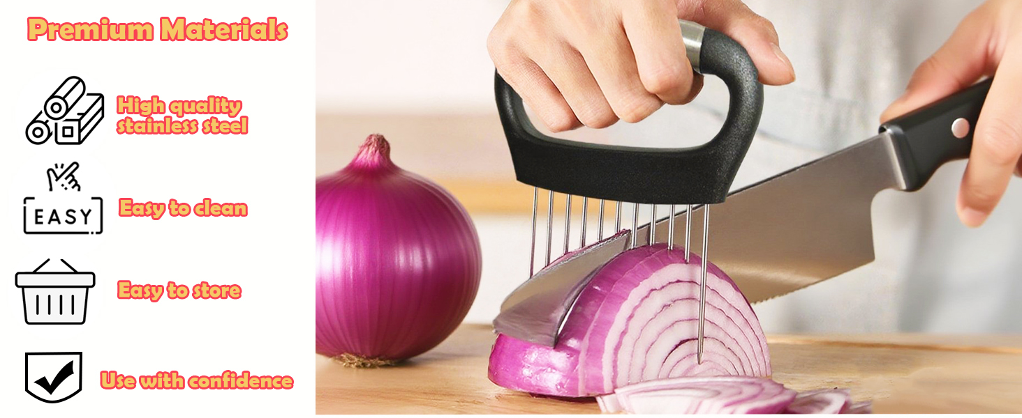 Hendiy Onion Slicer Holder, Large Onion Holder for Slicing Stainless Steel Tomato Cutter Vegetable Slicer Cutter Holder for Potato and Avocados, Eggs, Assistant Tool for Slicing Lemon