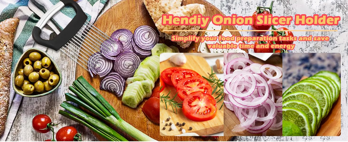 Hendiy Onion Slicer Holder, Large Onion Holder for Slicing Stainless Steel Tomato Cutter Vegetable Slicer Cutter Holder for Potato and Avocados, Eggs, Assistant Tool for Slicing Lemon