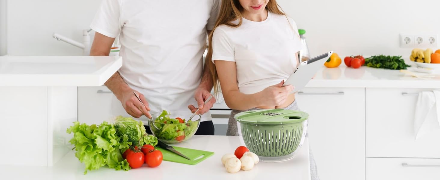 SUSTEAS Salad Spinner Large, Vegetables Wash Bowl, Fruits & Herb Lettuce Dryer with 5 Blade Slicer Egg Yolk Strainer Shredder for Efficient Salad Preparation and Food Washing, 4.25Qt