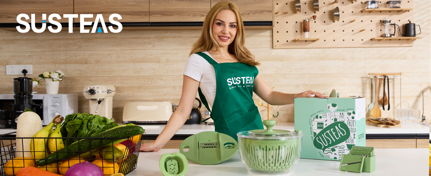 SUSTEAS Salad Spinner Large, Vegetables Wash Bowl, Fruits & Herb Lettuce Dryer with 5 Blade Slicer Egg Yolk Strainer Shredder for Efficient Salad Preparation and Food Washing, 4.25Qt