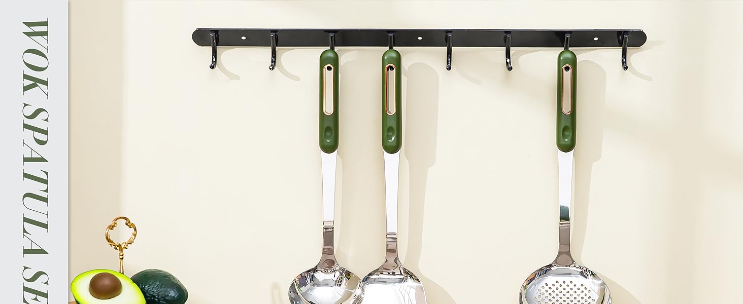 FJNATINH Wok Spatula and Ladle Skimmer Spoon - Stainless Steel Cooking Utensils Set of 3,Kitchen Wok Utensils Set,Green Handle