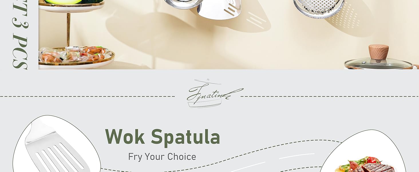 FJNATINH Wok Spatula and Ladle Skimmer Spoon - Stainless Steel Cooking Utensils Set of 3,Kitchen Wok Utensils Set,Green Handle