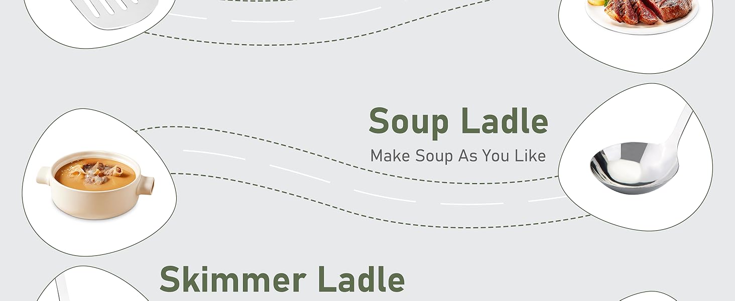 FJNATINH Wok Spatula and Ladle Skimmer Spoon - Stainless Steel Cooking Utensils Set of 3,Kitchen Wok Utensils Set,Green Handle