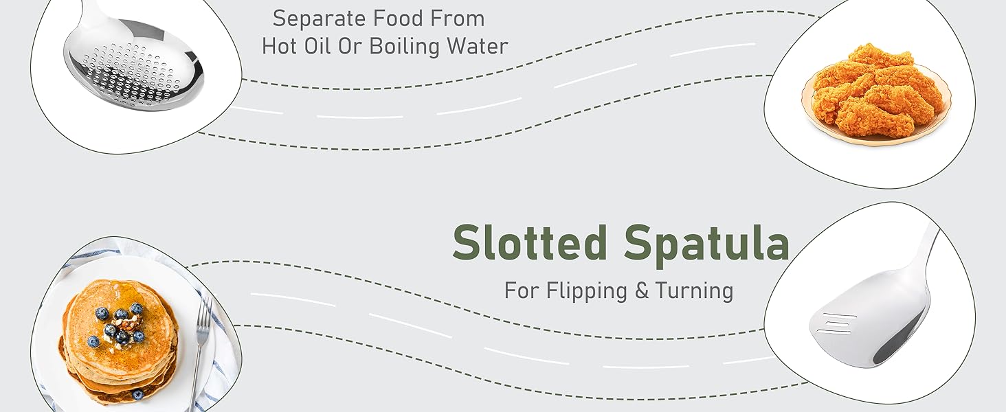 FJNATINH Wok Spatula and Ladle Skimmer Spoon - Stainless Steel Cooking Utensils Set of 3,Kitchen Wok Utensils Set,Green Handle