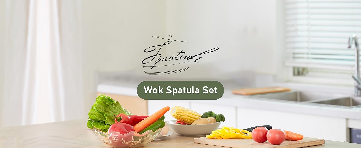 FJNATINH Wok Spatula and Ladle Skimmer Spoon - Stainless Steel Cooking Utensils Set of 3,Kitchen Wok Utensils Set,Green Handle