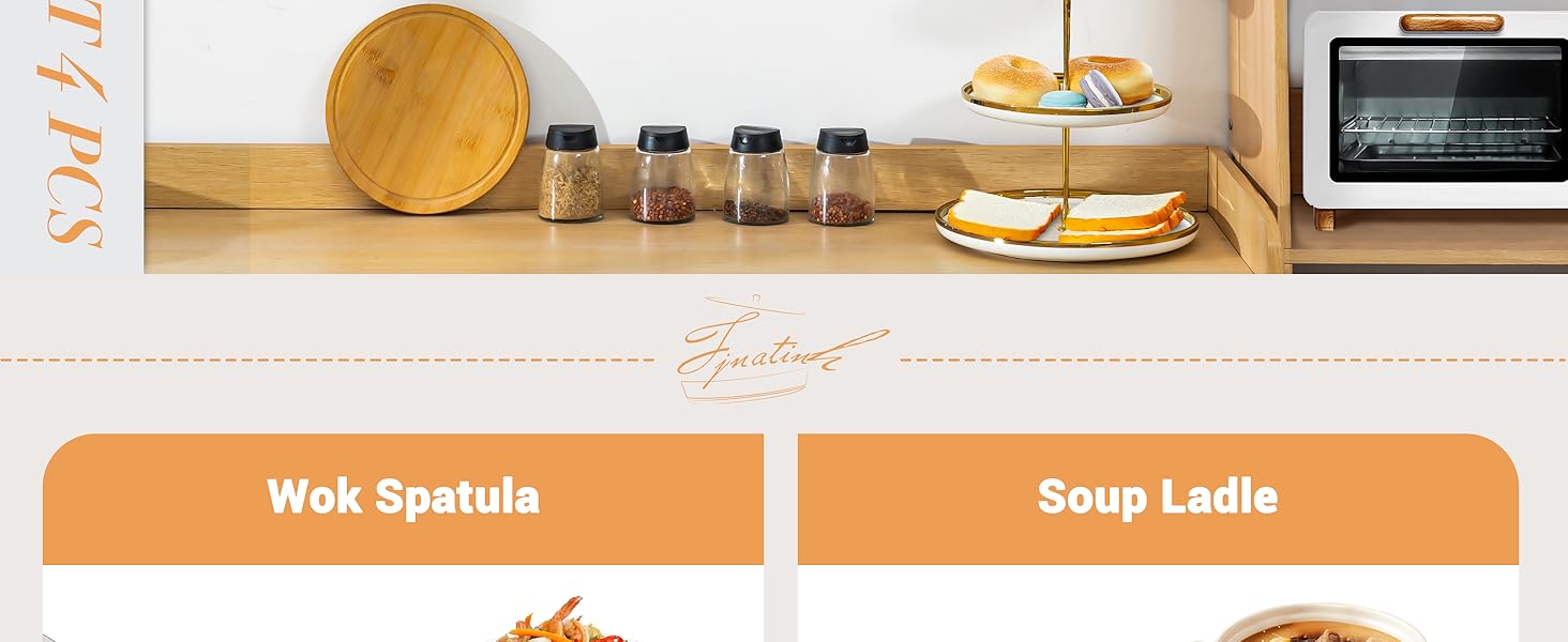 FJNATINH Cooking Utensils - Spatula, Ladle, Skimmer Spoon, Slotted Spatula - 4 Pieces Stainless Steel Wok Utensils Set for Carbon Steel