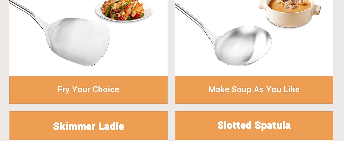 FJNATINH Cooking Utensils - Spatula, Ladle, Skimmer Spoon, Slotted Spatula - 4 Pieces Stainless Steel Wok Utensils Set for Carbon Steel