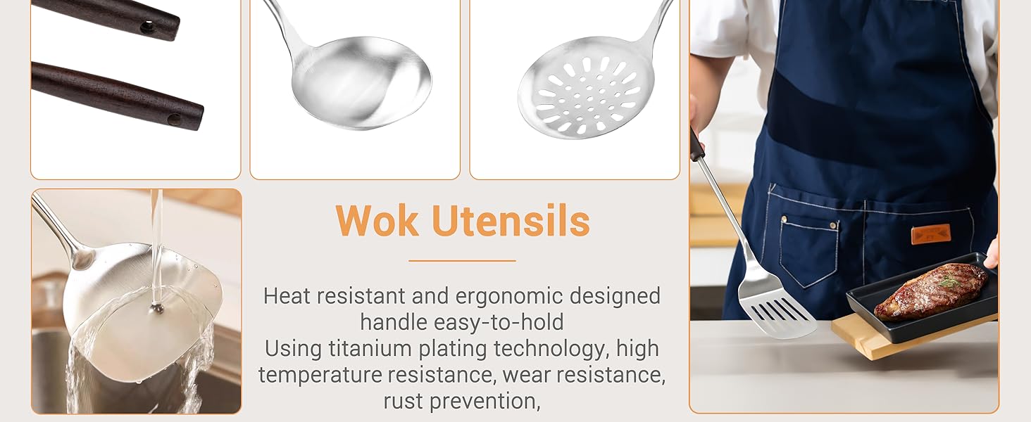 FJNATINH Cooking Utensils - Spatula, Ladle, Skimmer Spoon, Slotted Spatula - 4 Pieces Stainless Steel Wok Utensils Set for Carbon Steel