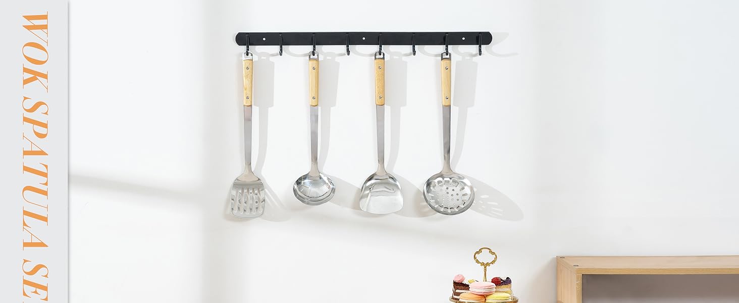 FJNATINH Cooking Utensils - Spatula, Ladle, Skimmer Spoon, Slotted Spatula - 4 Pieces Stainless Steel Wok Utensils Set for Carbon Steel