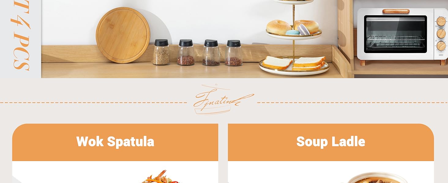 FJNATINH Cooking Utensils - Spatula, Ladle, Skimmer Spoon, Slotted Spatula - 4 Pieces Stainless Steel Wok Utensils Set for Carbon Steel