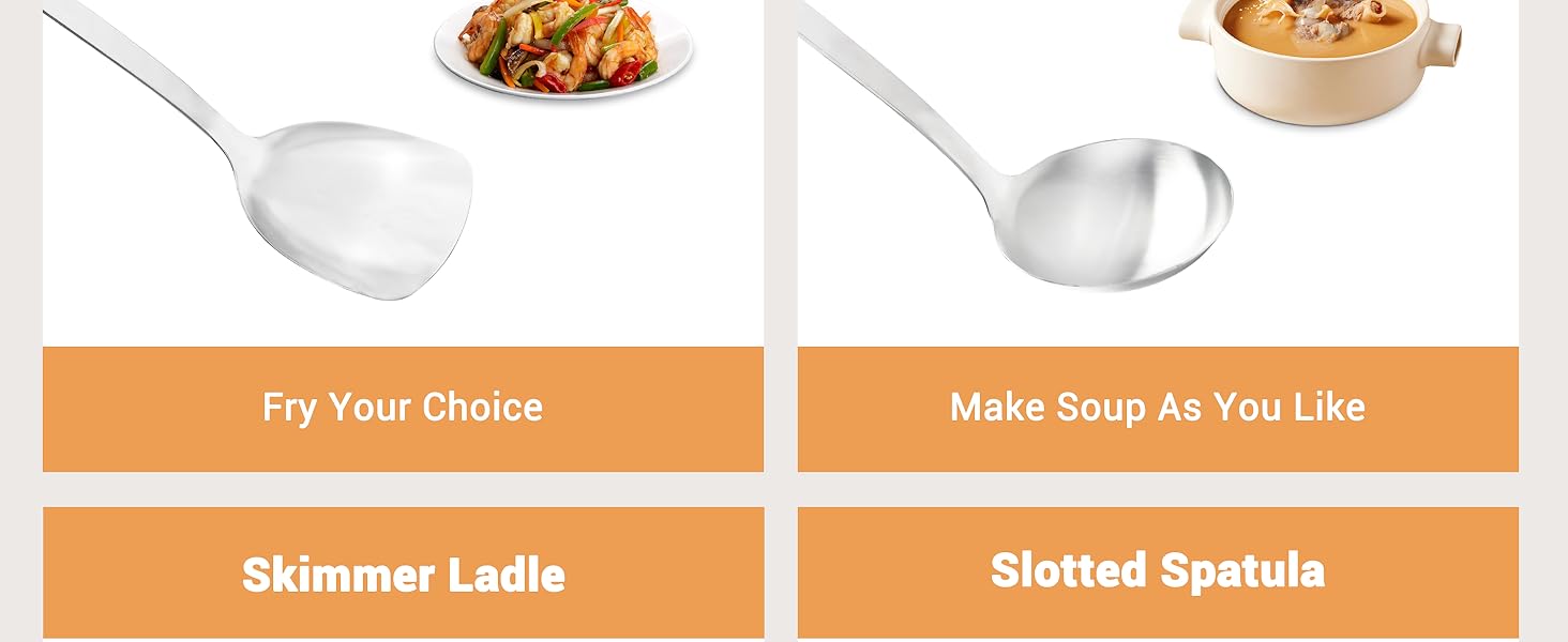 FJNATINH Cooking Utensils - Spatula, Ladle, Skimmer Spoon, Slotted Spatula - 4 Pieces Stainless Steel Wok Utensils Set for Carbon Steel