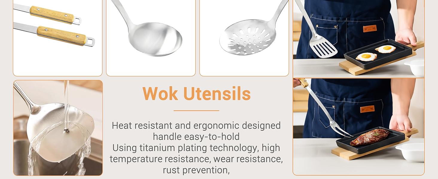 FJNATINH Cooking Utensils - Spatula, Ladle, Skimmer Spoon, Slotted Spatula - 4 Pieces Stainless Steel Wok Utensils Set for Carbon Steel