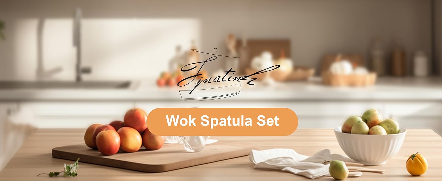 FJNATINH Cooking Utensils - Spatula, Ladle, Skimmer Spoon, Slotted Spatula - 4 Pieces Stainless Steel Wok Utensils Set for Carbon Steel