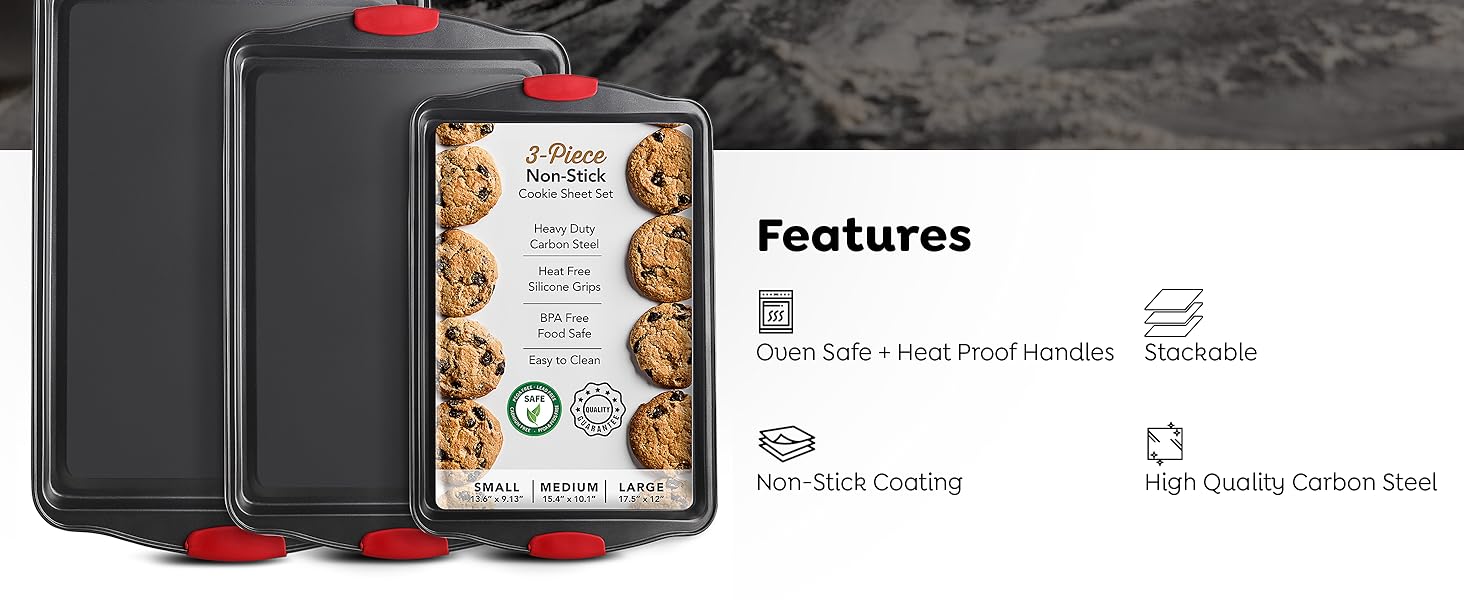 Baking Sheet Set, 3-Piece Cookie Sheet Set with Silicone Handles, Steel Baking Pans Set, Durable Baking Sheets for Oven, BPA Free Cookie Sheets for Baking Nonstick Set, Sheet Pan - Black Baking Pan